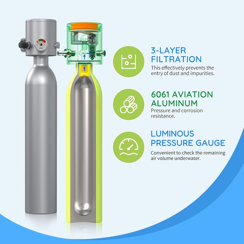 SMACO Mini Scuba Tank 0.5L Handheld Mini Diving Tank with DOT Marked Reusable Lung Air Tank Pony Bottle up to 10 Minutes Dive Time Diving Cylinder for Underwater Exploration Emergency Rescue S300 - Image 3
