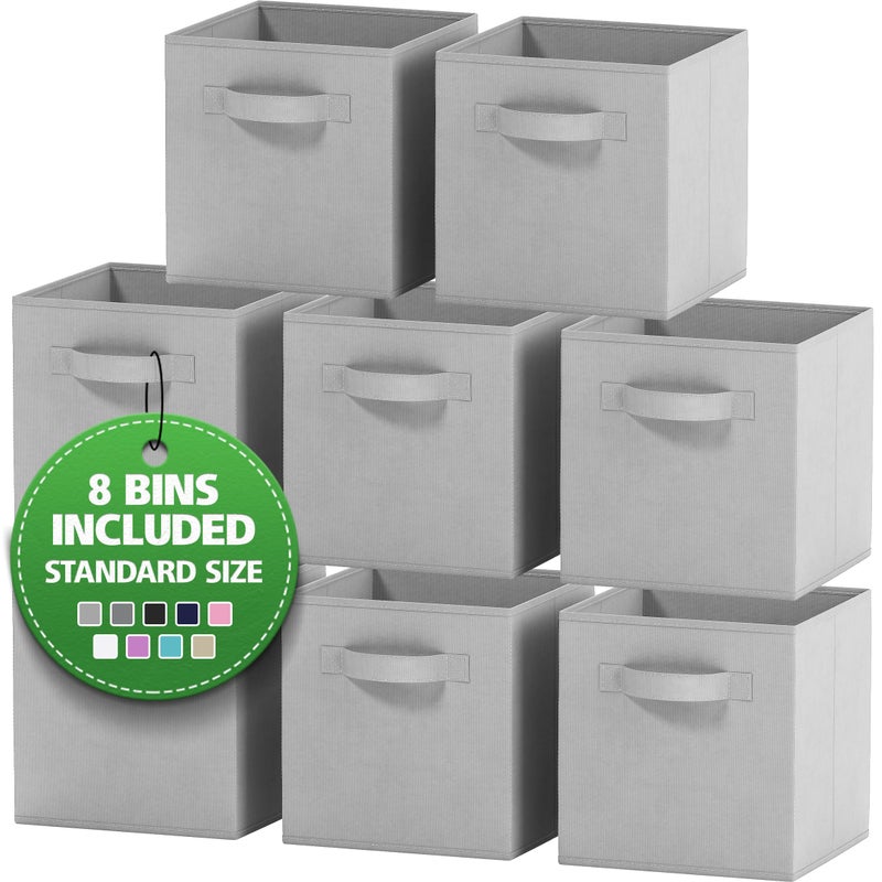 Royexe Set of 8 Foldable Fabric Storage Cube Bins | Collapsible Cloth Organizer Baskets Containers | Folding Nursery Closet Drawer | Features Dual Handles | Beautiful Colors Available (Light Grey) - Image 1