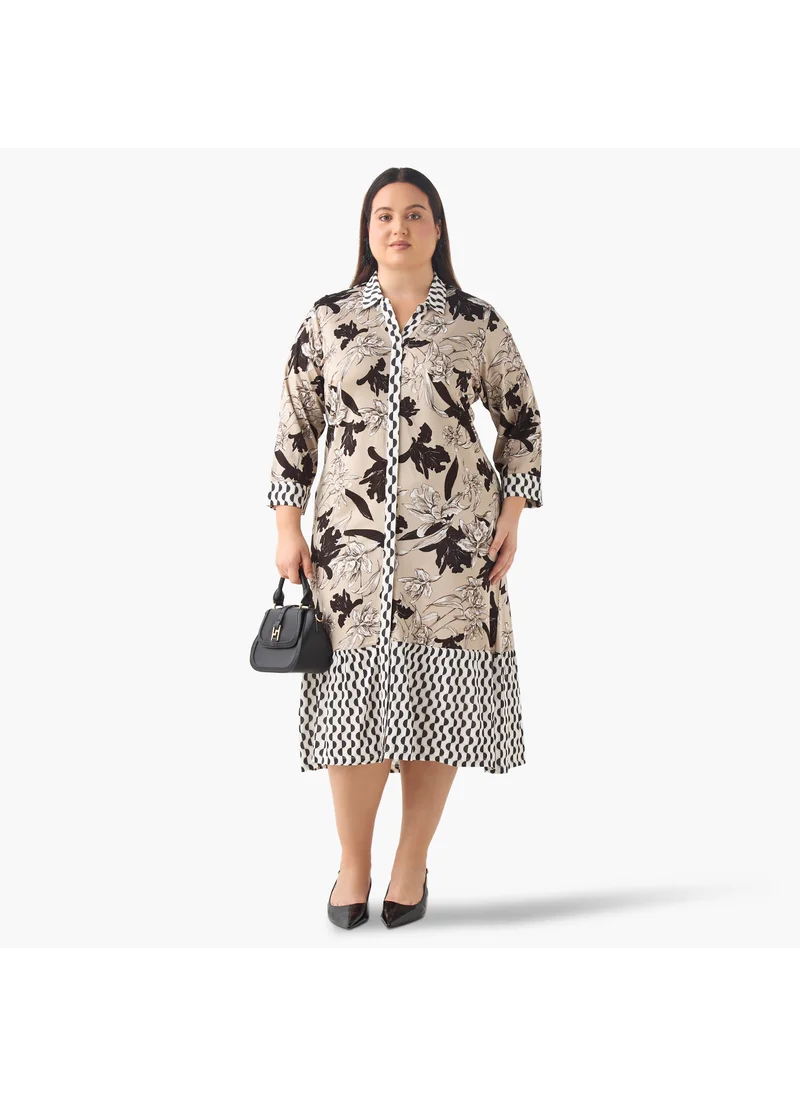  أولا بوبكن Plus Size Ulla Popken Floral Print Shirt Dress with Collar and Long Sleeves