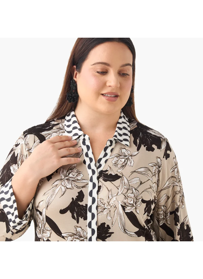  أولا بوبكن Plus Size Ulla Popken Floral Print Shirt Dress with Collar and Long Sleeves