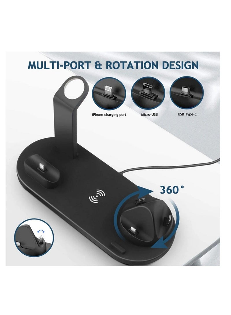 Multi-Function Charging Stand Compatible with iPhone Android Micro USB & Type-C Phone Wireless 3 in 1 Rotatable Charging Dock - Black - Image 3