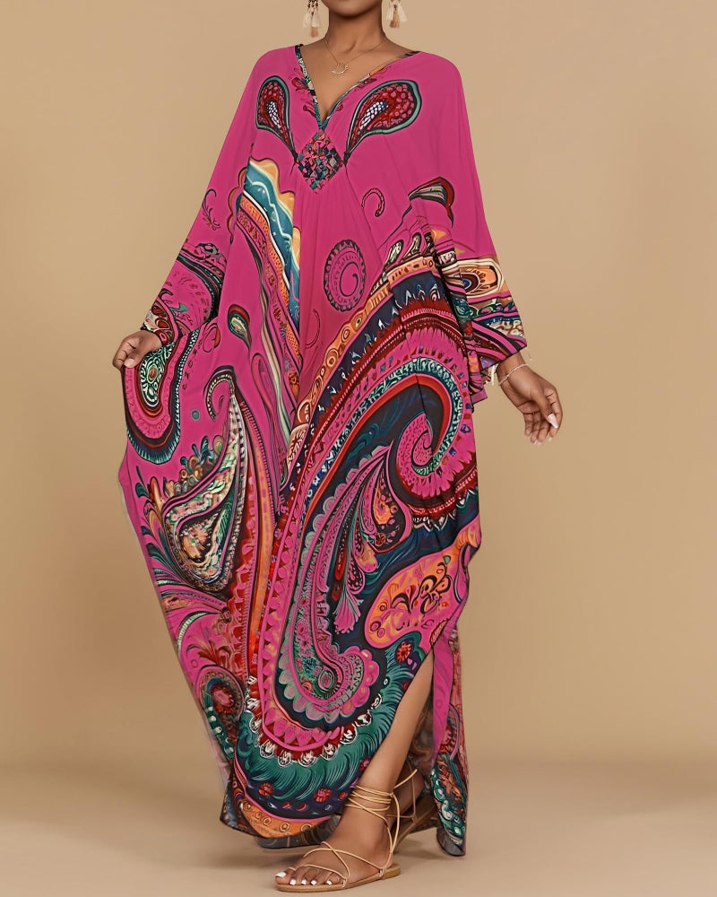 Bsubseach Kaftan Dresses for Women Ethnic Print Plus Size Beach Cover Ups Batwing Sleeve Caftans with Pockets Rose Red - Image 3