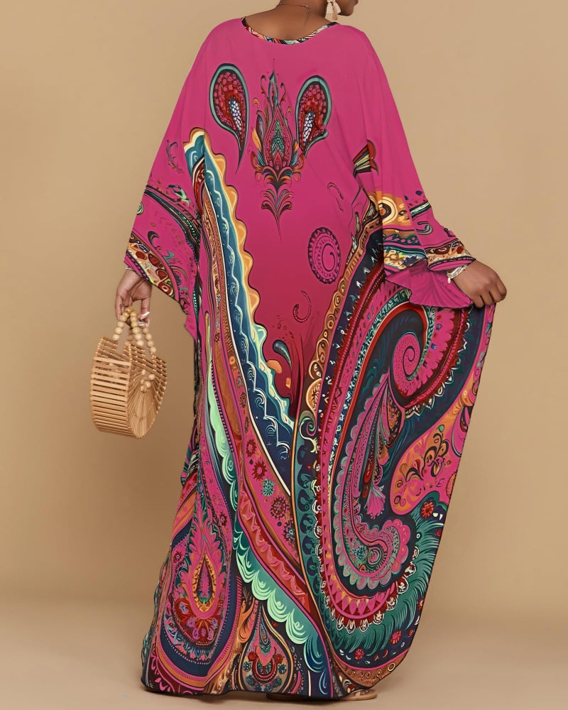 Bsubseach Kaftan Dresses for Women Ethnic Print Plus Size Beach Cover Ups Batwing Sleeve Caftans with Pockets Rose Red - Image 5