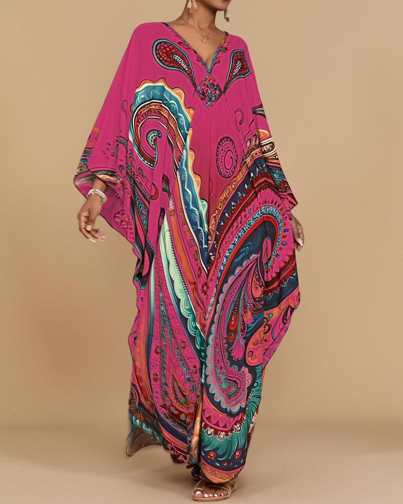 Bsubseach Kaftan Dresses for Women Ethnic Print Plus Size Beach Cover Ups Batwing Sleeve Caftans with Pockets Rose Red - Image 2