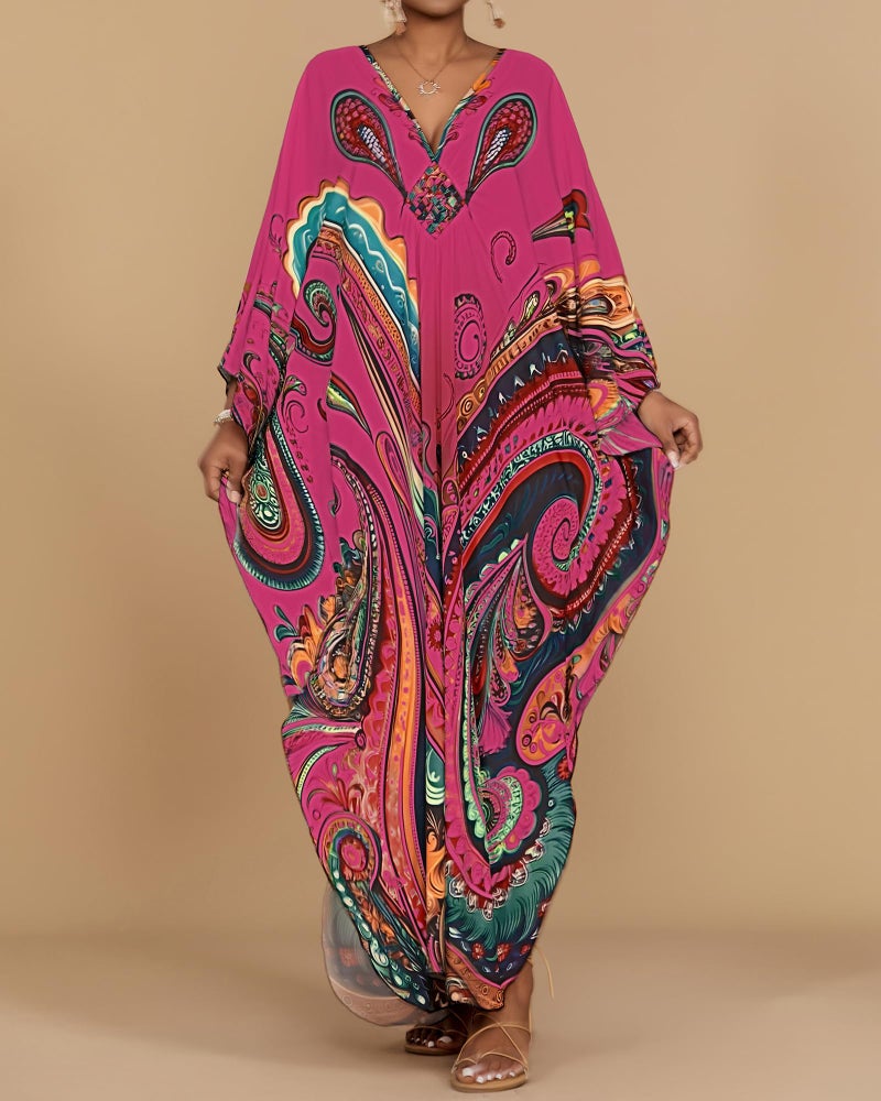 Bsubseach Kaftan Dresses for Women Ethnic Print Plus Size Beach Cover Ups Batwing Sleeve Caftans with Pockets Rose Red - Image 4