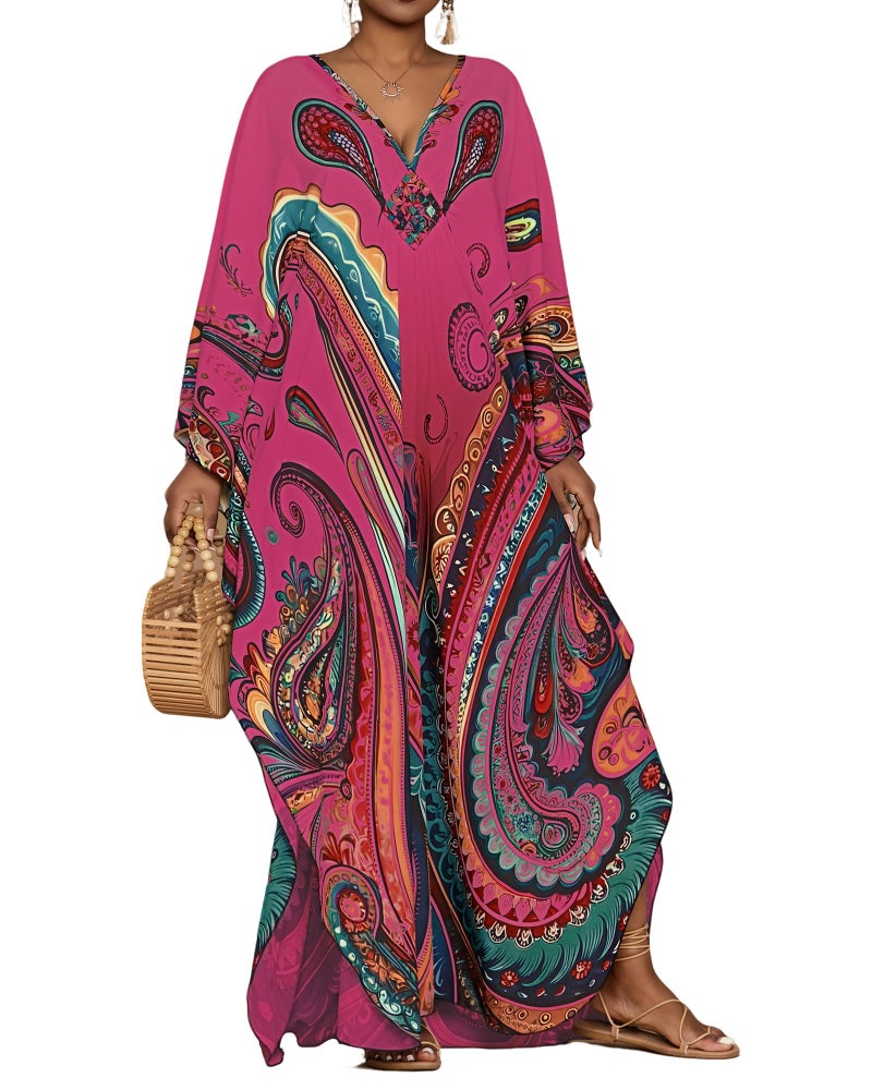 Bsubseach Kaftan Dresses for Women Ethnic Print Plus Size Beach Cover Ups Batwing Sleeve Caftans with Pockets Rose Red - Image 1