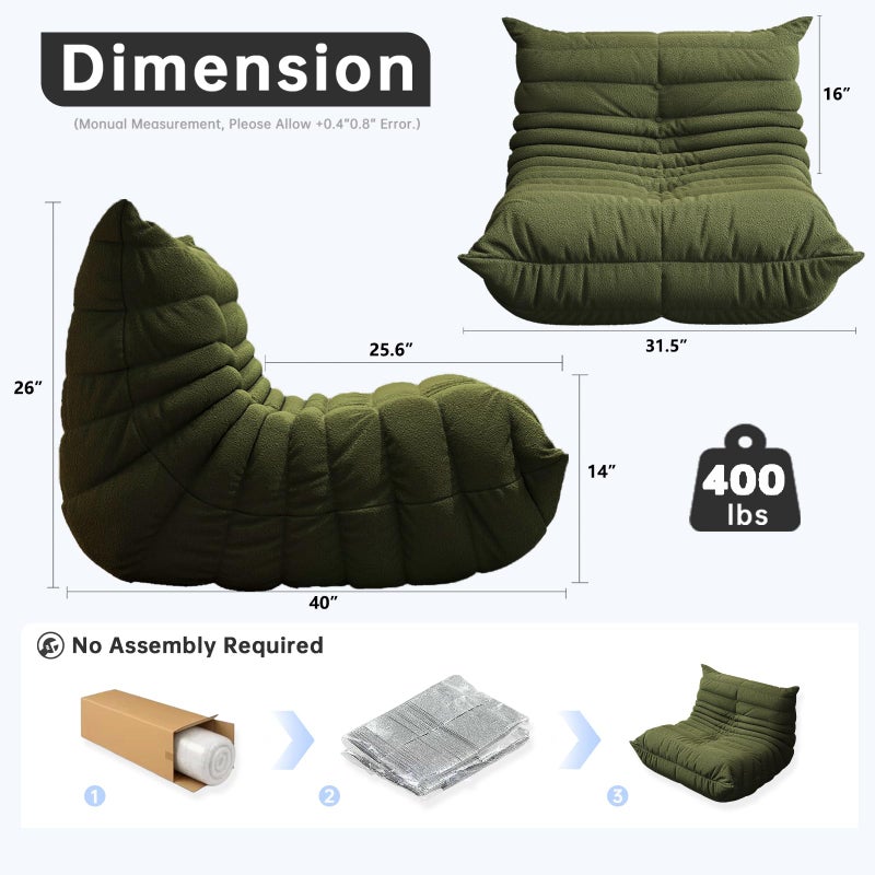 WHGBJA Memory Foam Bean Bag Chair for Adults, Teddy Material Beanbag Sofa with Filler, Cozy Floor Lounge Seat for Living Room, Bedroom, Dorm, Office (Green) - Image 2