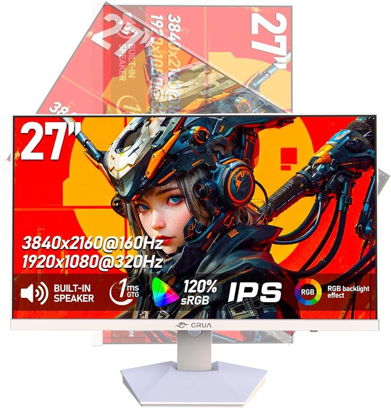 CRUA 27 inch Fast IPS Gaming Monitor 4K 160Hz/FHD 300Hz Dual Mode, 1ms(GTG), 120% sRGB HDR, Adaptive Sync, Height Vertical Adjustable, Built-in Speaker, RGB Backlight, White Game Monitor - Image 1