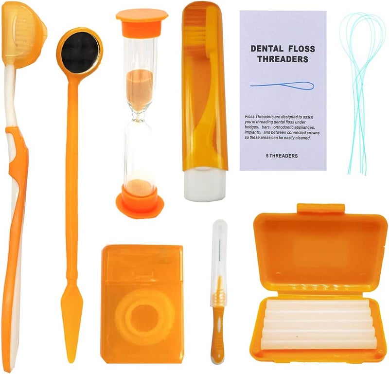 Ceonam Braces Cleaning Kit for Teeth, Portable Orthodontic Toothbrush Kit Oral Care Dental Travel Kit - Interdental Brush Dental Wax Dental Floss Toothbrush Box (Orange) - Image 1