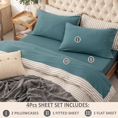PURE ERA Jersey Knit 4pc Bed Sheet Set 100% T-Shirt Cotton Super Soft Comfy Breathable Fits Mattress Up to 20" Extra Deep Pocket (Solid Cerulean Blue, King) - Image 2