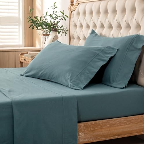 PURE ERA Jersey Knit 4pc Bed Sheet Set 100% T-Shirt Cotton Super Soft Comfy Breathable Fits Mattress Up to 20" Extra Deep Pocket (Solid Cerulean Blue, King) - Image 5