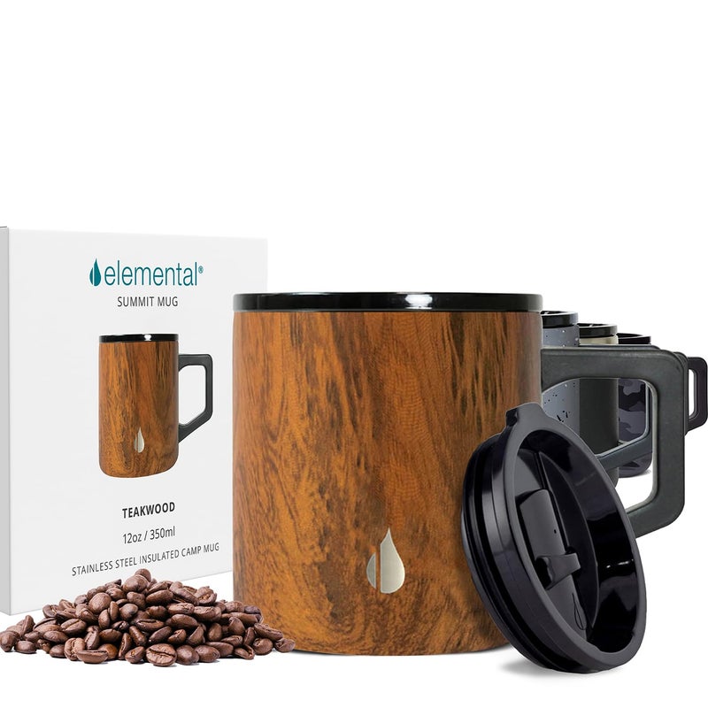 Elemental Insulated Coffee Mug  TripleWall Stainless Steel Summit Travel Cup for Hot and Cold Drinks  Thermal Coffee Mug with Lid and Handle for Camping Office  Travel 12oz  Teakwood