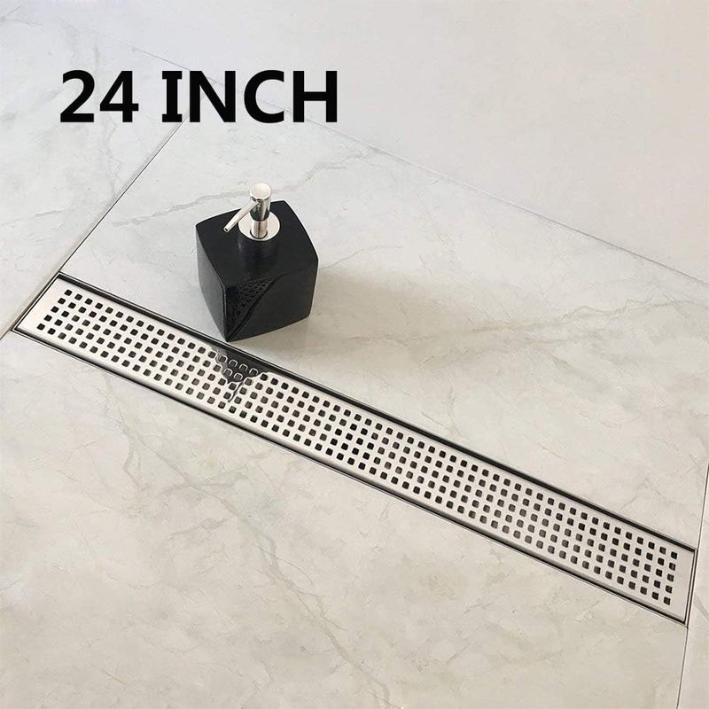 Neodrain مصرف دش خطي بقطر 24 بوصة مع شبكة مربعة قابلة للإزالة، مصنوعة من الفولاذ المقاوم للصدأ 304 المصقول، مصرف دش أرضي مستطيل، مع أقدام قابلة للتعديل، مصفاة شعر - Image 2