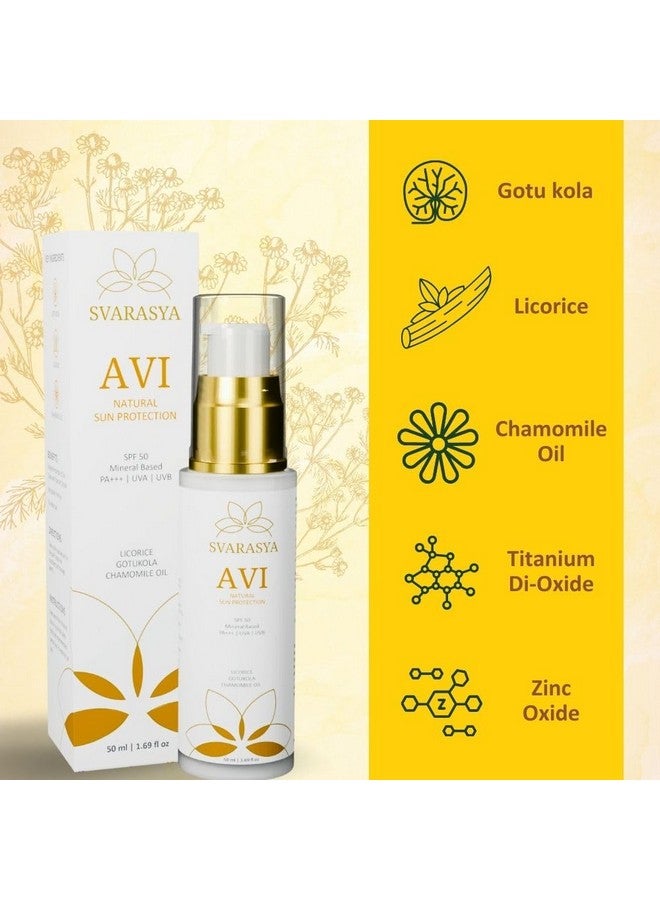Svarasya واقي شمس طبيعي من أفي مع SPF 50 PA+++ | واقي شمس معدني مع أكسيد الزنك وثاني أكسيد التيتانيوم | خالي من البارابين/خالي من الكبريتات/خالي من SLS مع مكونات طبيعية للبشرة الدهنية أو الحساسة أو الجافة | حماية واسعة النطاق من أشعة UVA و UVB, (50 مل) | واقي شمس طبيعي بالأيورفيدا للتان ومكافحة الشيخوخة - Image 2
