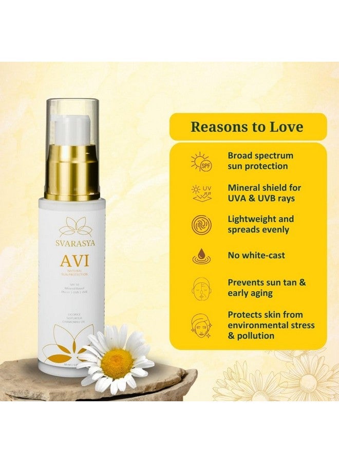 Svarasya واقي شمس طبيعي من أفي مع SPF 50 PA+++ | واقي شمس معدني مع أكسيد الزنك وثاني أكسيد التيتانيوم | خالي من البارابين/خالي من الكبريتات/خالي من SLS مع مكونات طبيعية للبشرة الدهنية أو الحساسة أو الجافة | حماية واسعة النطاق من أشعة UVA و UVB, (50 مل) | واقي شمس طبيعي بالأيورفيدا للتان ومكافحة الشيخوخة - Image 3