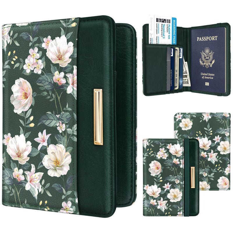 Coco Rossi Passport Holder Cover, RFID Travel Wallet Credit Card Holder Cute Green Floral Passport Book Holders for Women with Elastic Band and Golden Metal Decoration, Alpine Green - Image 2