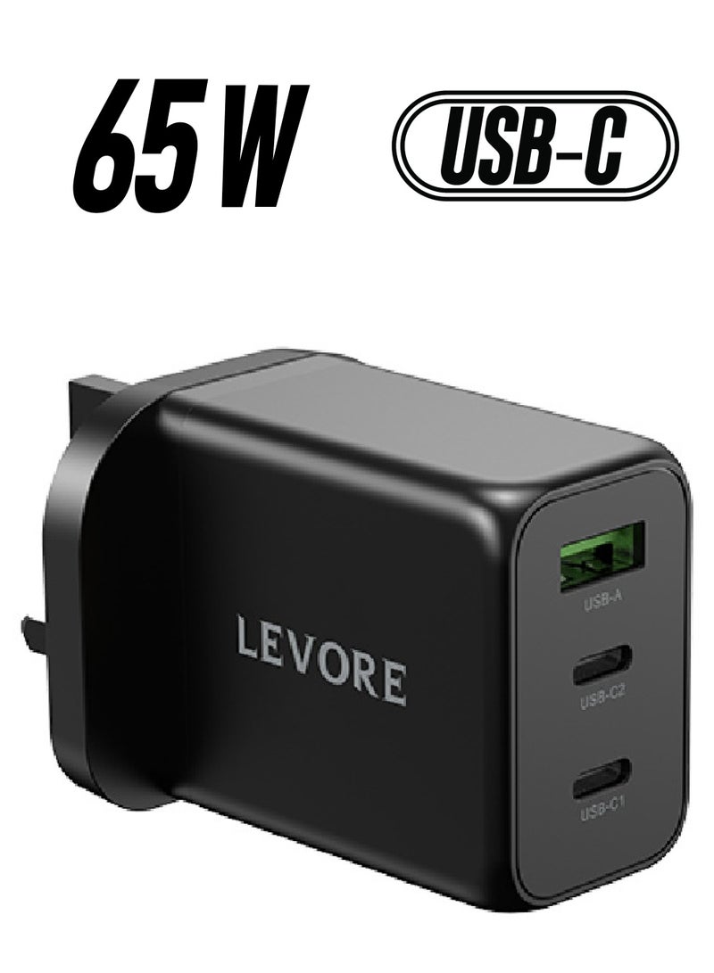 LEVORE شاحن حائط مزود بخاصية توصيل الطاقة (PD) GaN 65W 3 منافذ باللون الأسود LGW131-BK - Image 1