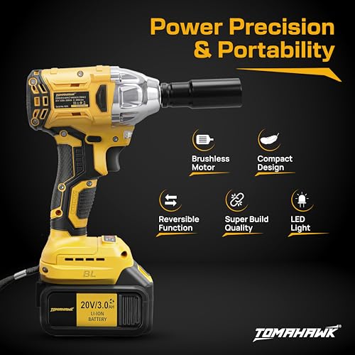 Tomahawk 20V Brushless Cordless Impact Wrench T8582, 300Nm Torque, ½” Square Drive + ¼” Hex, 2×3.0Ah Batteries, LED Light, Heavy Duty Professional Tool - Image 5