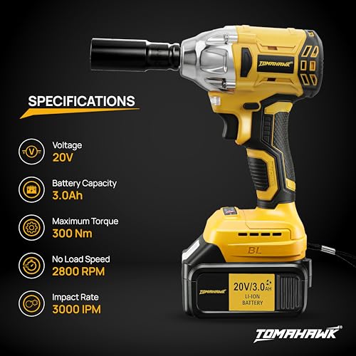 Tomahawk 20V Brushless Cordless Impact Wrench T8582, 300Nm Torque, ½” Square Drive + ¼” Hex, 2×3.0Ah Batteries, LED Light, Heavy Duty Professional Tool - Image 4