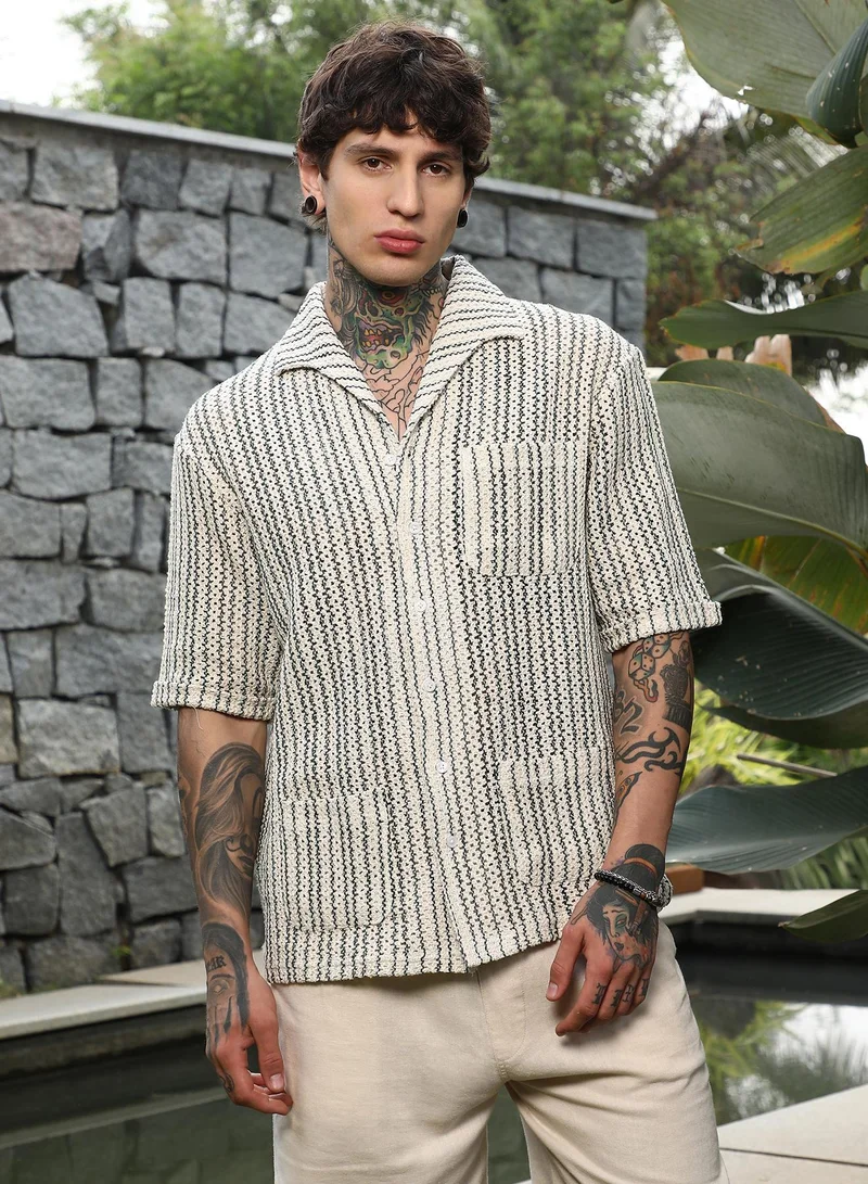 Campus Sutra Campus Sutra Men's Off-White & Indigo Blue Striped Crochet Shirt For Casual Wear | Spread Collar | Short Regular Sleeves | Button Closure | Oversized Shirt Crafted With Comfort Fit For Everyday Wear