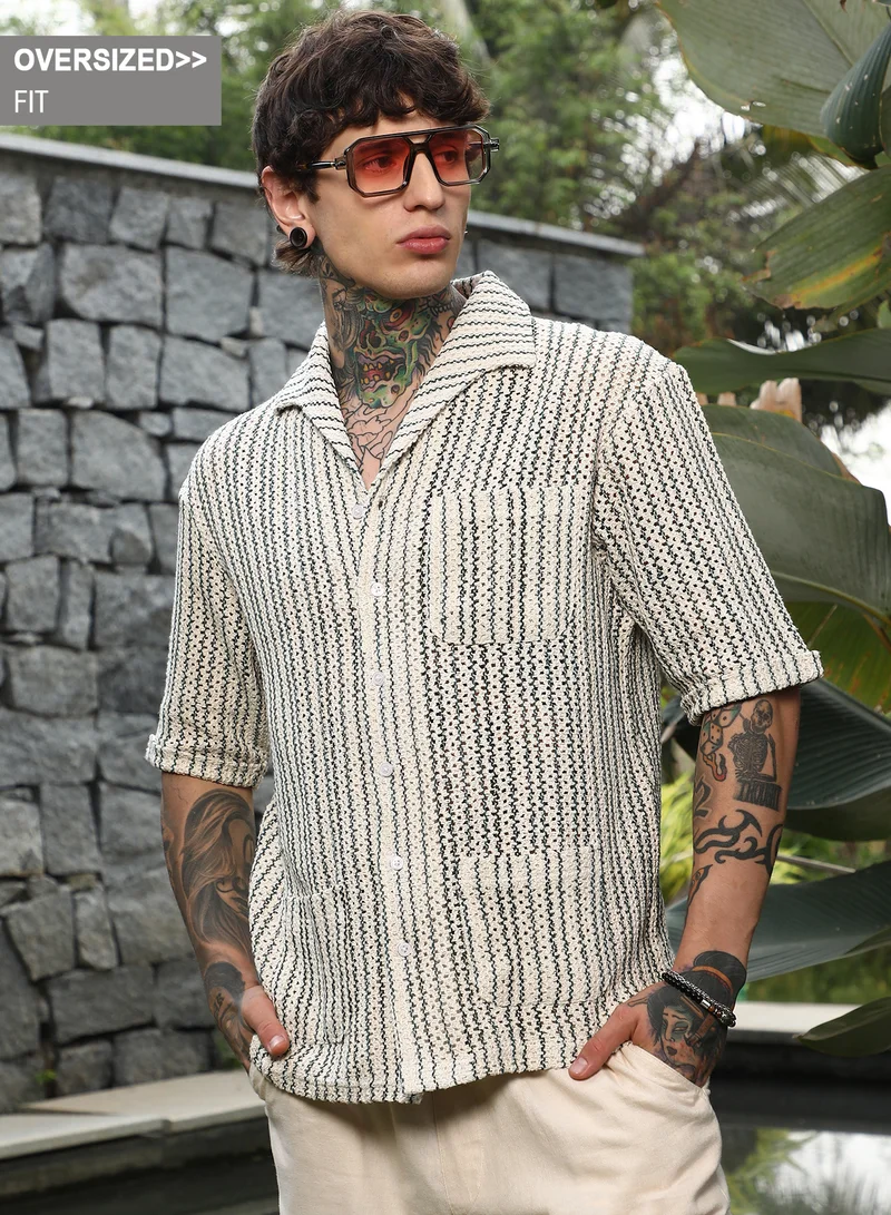 Campus Sutra Campus Sutra Men's Off-White & Indigo Blue Striped Crochet Shirt For Casual Wear | Spread Collar | Short Regular Sleeves | Button Closure | Oversized Shirt Crafted With Comfort Fit For Everyday Wear