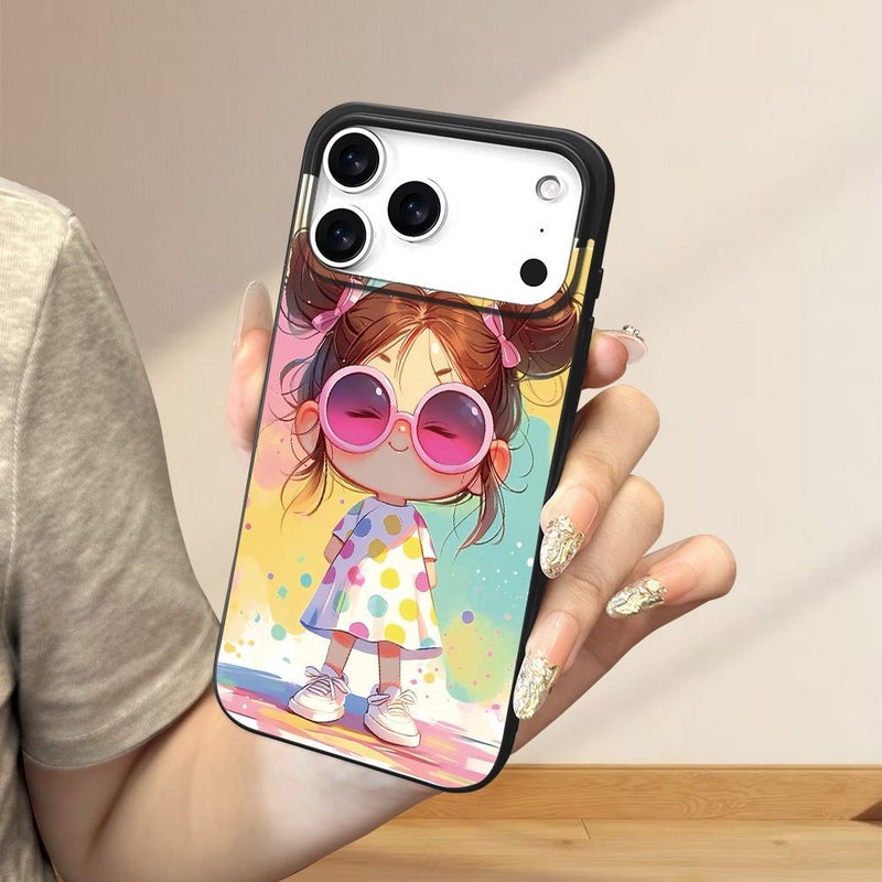 حافظة سوداء لهاتف iPhone 16 Plus بتصميم ثقوب كبيرة ونقش راقي لفتاة بنظارات شمسية - Image 4