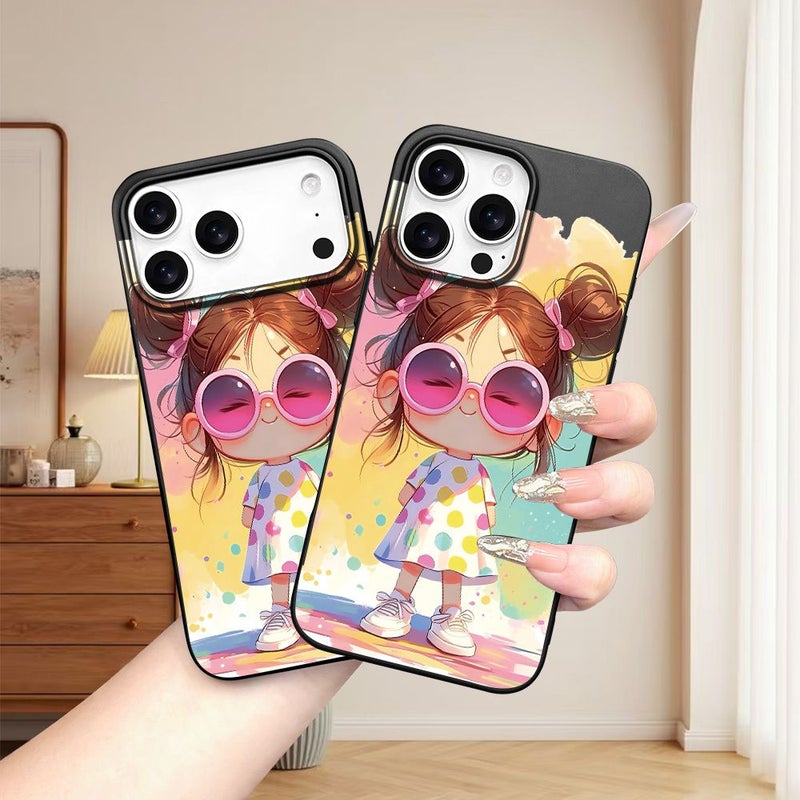 حافظة سوداء لهاتف iPhone 16 Plus بتصميم ثقوب كبيرة ونقش راقي لفتاة بنظارات شمسية - Image 3