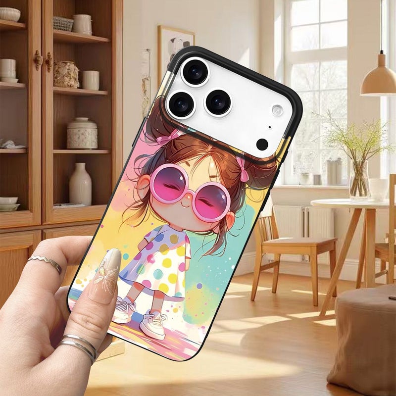 حافظة سوداء لهاتف iPhone 16 Plus بتصميم ثقوب كبيرة ونقش راقي لفتاة بنظارات شمسية - Image 1