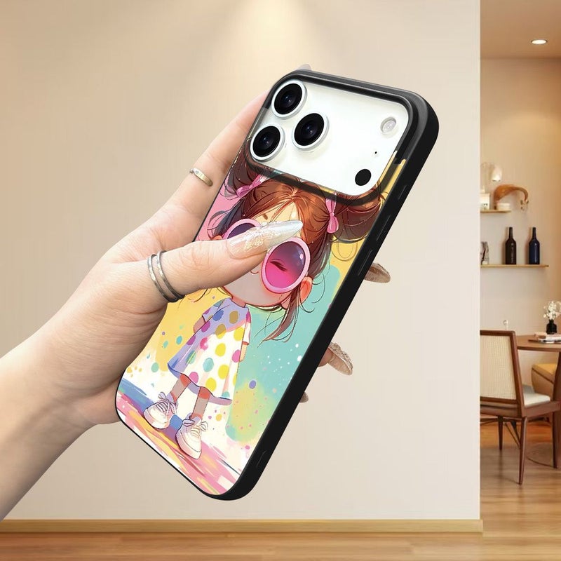 حافظة سوداء لهاتف iPhone 16 Plus بتصميم ثقوب كبيرة ونقش راقي لفتاة بنظارات شمسية - Image 2