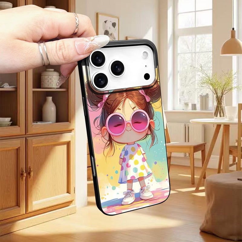 حافظة سوداء لهاتف iPhone 16 Plus بتصميم ثقوب كبيرة ونقش راقي لفتاة بنظارات شمسية - Image 5