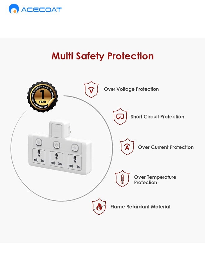 ايسكوت مقابس تمديد عالمية، مقابس متعددة، محول مقبس حائط، مقبس مزود بالطاقة ثلاثي الاتجاهات بتبديل، تحويل 1 إلى 3، بدون كابل مع تصنيف 3 دبابيس، محول تمديد طاقة مع حماية من ارتفاع الجهد - Image 4