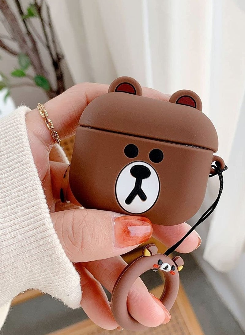 Silicone Shockproof Protective Case Cover for AirPods Pro Cartoon Bear Design Brown Color, Shock Resistant with Durable Anti-Lost Carabiner to Securely Attach AirPods to Handbags, Suitcases, Pants Keychain Brown - Image 2