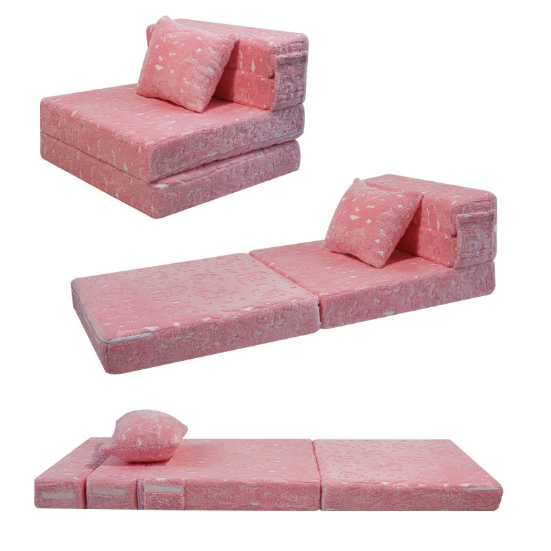 MeMoreCool Glow Pink Unicorn Trifold Sofa Bed for Kids Foldable Futon Chair and Floor Couch Convertible Trifold Mattress for Playroom