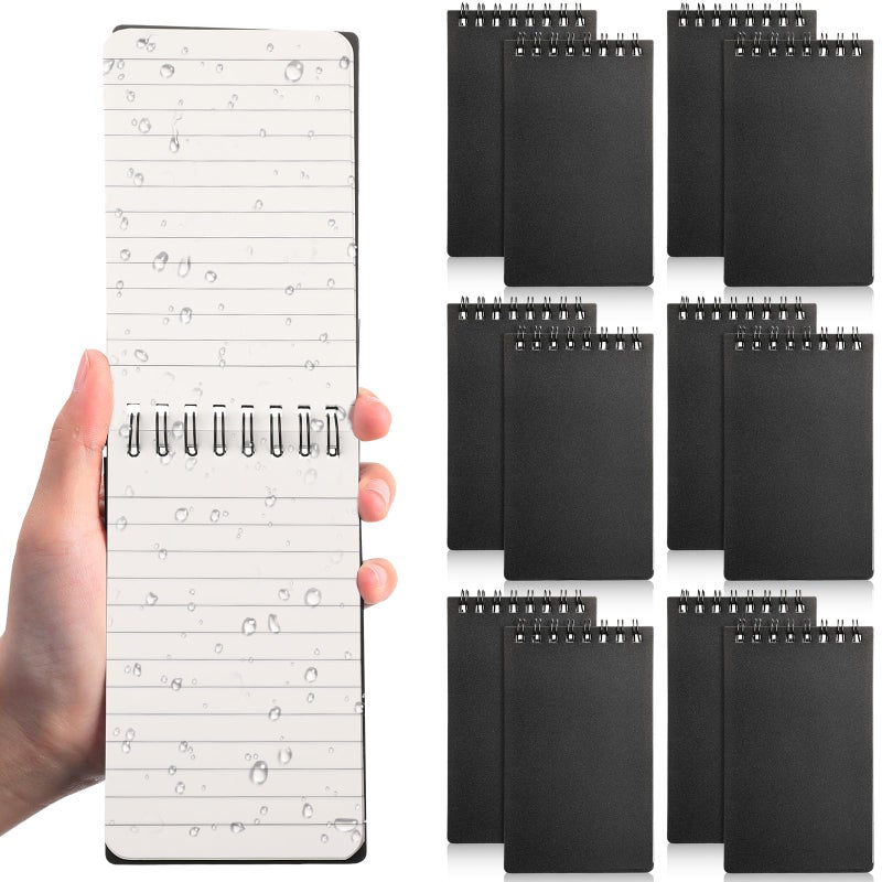 Geyoga 12 Pack Waterproof Small Notebooks 3" x 5" Top Spiral Notepads 100 Pages Mini Journals Pocket Notebooks Hardcover Memo Pads for Outdoor Work School (Black) - Image 1