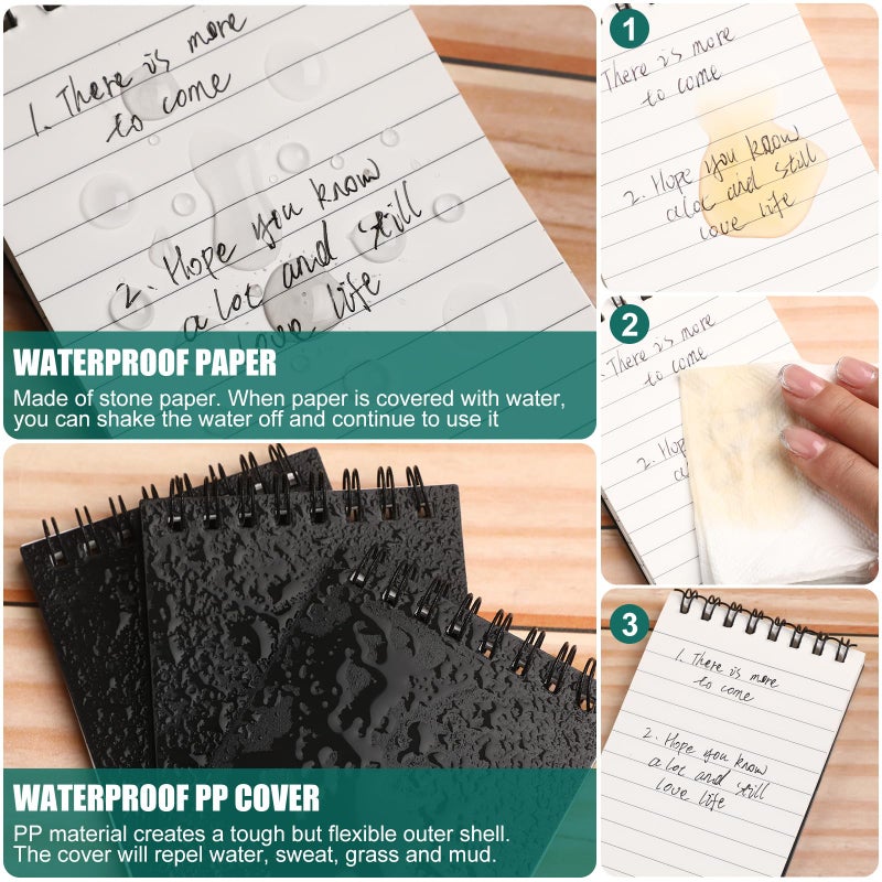 Geyoga 12 Pack Waterproof Small Notebooks 3" x 5" Top Spiral Notepads 100 Pages Mini Journals Pocket Notebooks Hardcover Memo Pads for Outdoor Work School (Black) - Image 3