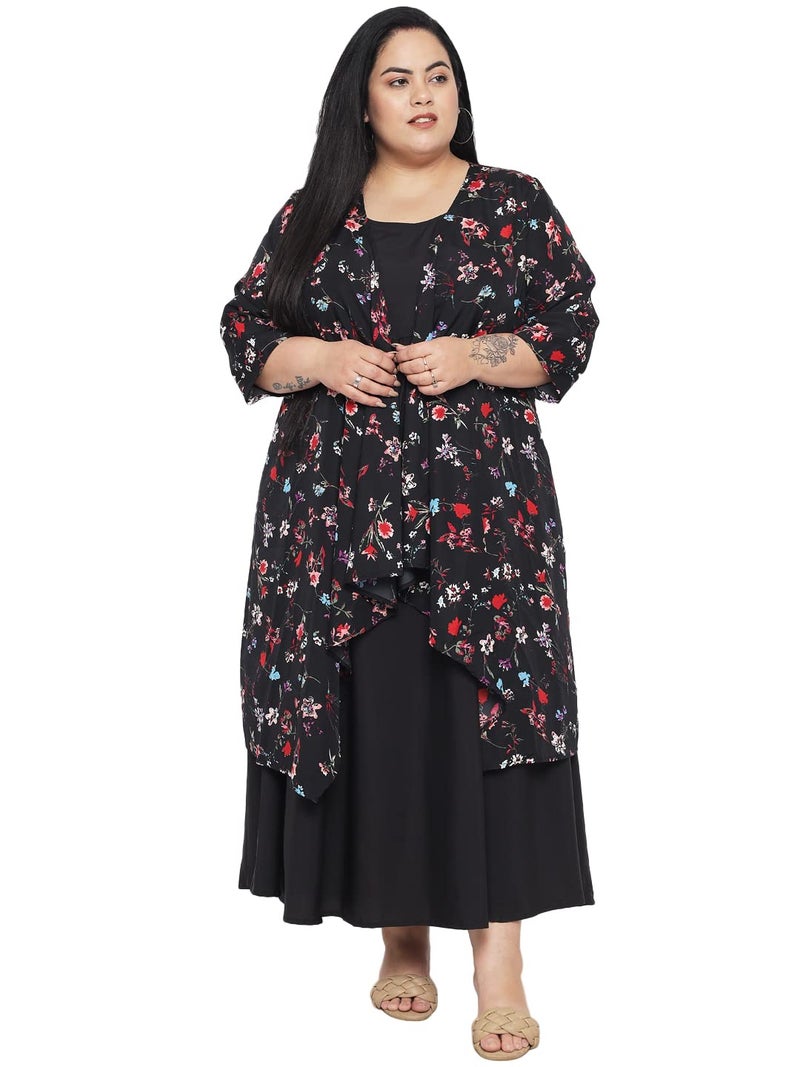 Indietoga Women's Black Solid Maxi Dress with Floral Printed Shrug (Plus Size 9XL) - Image 1