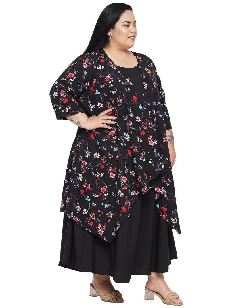 Indietoga Women's Black Solid Maxi Dress with Floral Printed Shrug (Plus Size 9XL) - Image 5