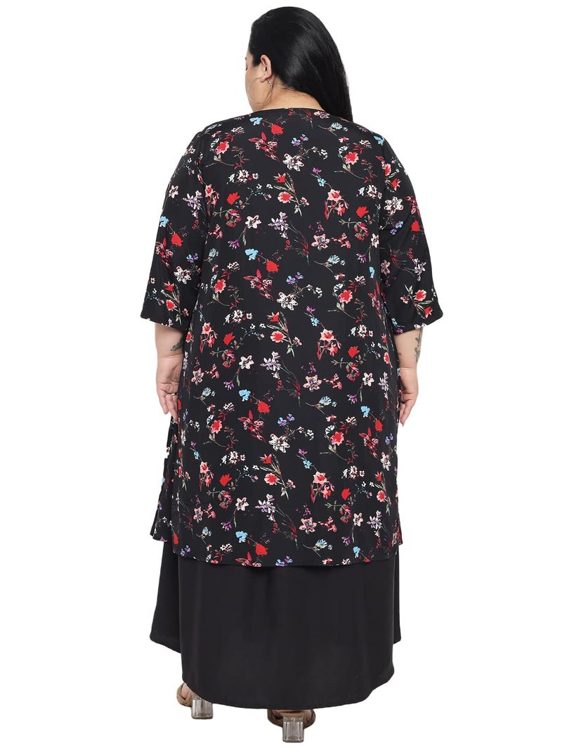 Indietoga Women's Black Solid Maxi Dress with Floral Printed Shrug (Plus Size 9XL) - Image 4