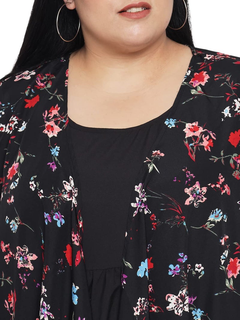 Indietoga Women's Black Solid Maxi Dress with Floral Printed Shrug (Plus Size 9XL) - Image 3