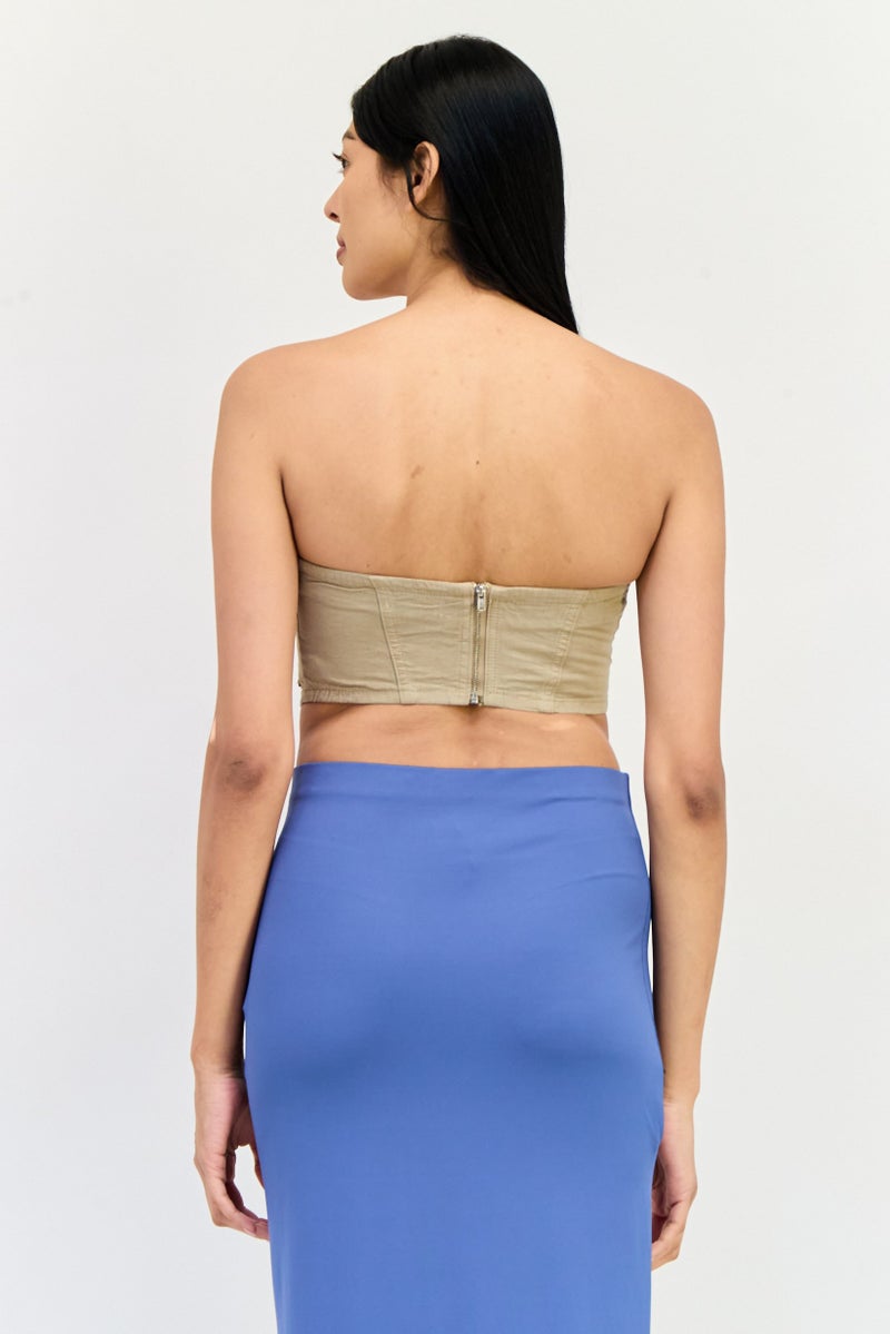 Pull & Bear Pull  Bear x Pacific Republic Women Straight Across Neck Strapless Plain Top, Dark Tan  - Image 2