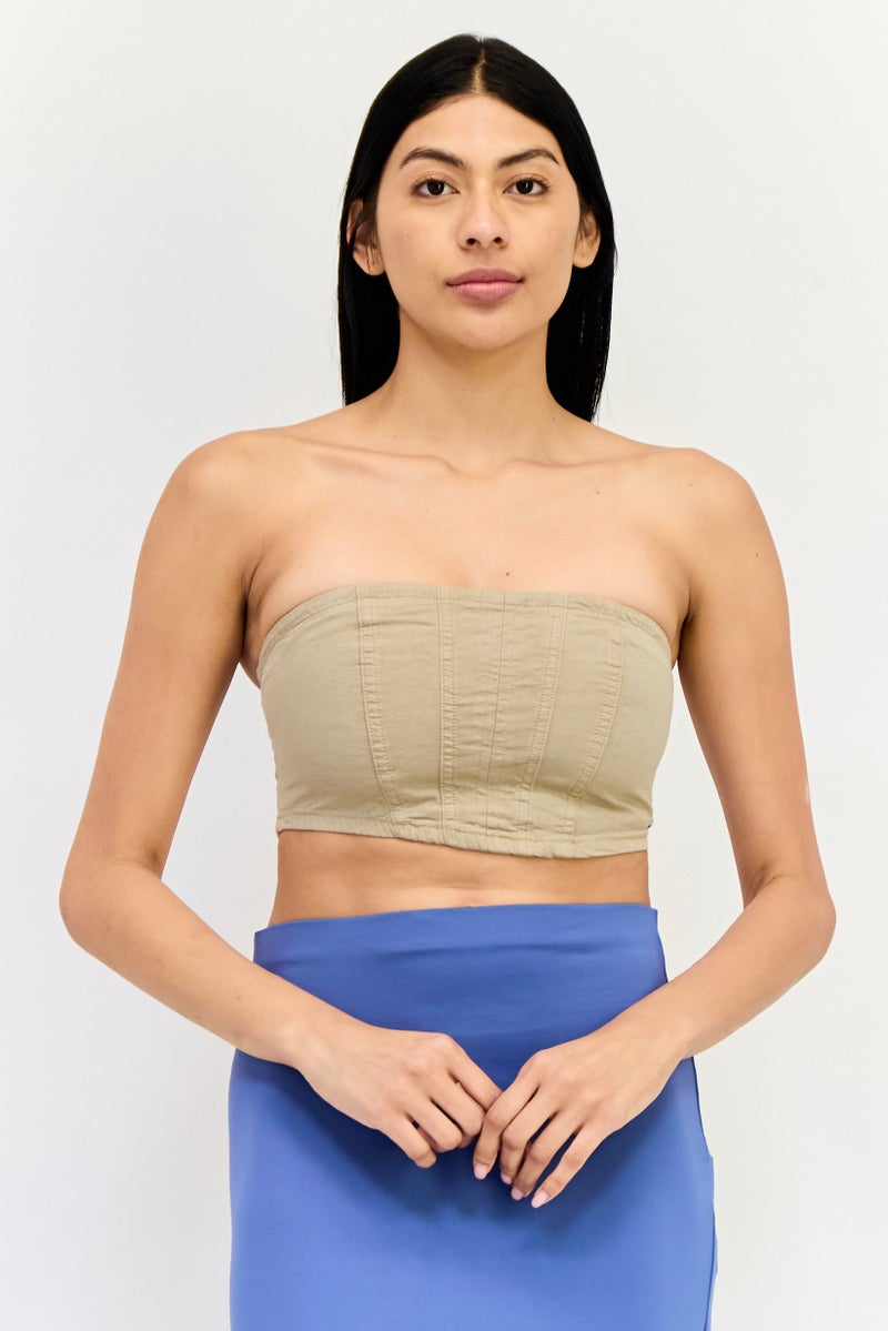 Pull & Bear Pull  Bear x Pacific Republic Women Straight Across Neck Strapless Plain Top, Dark Tan  - Image 1