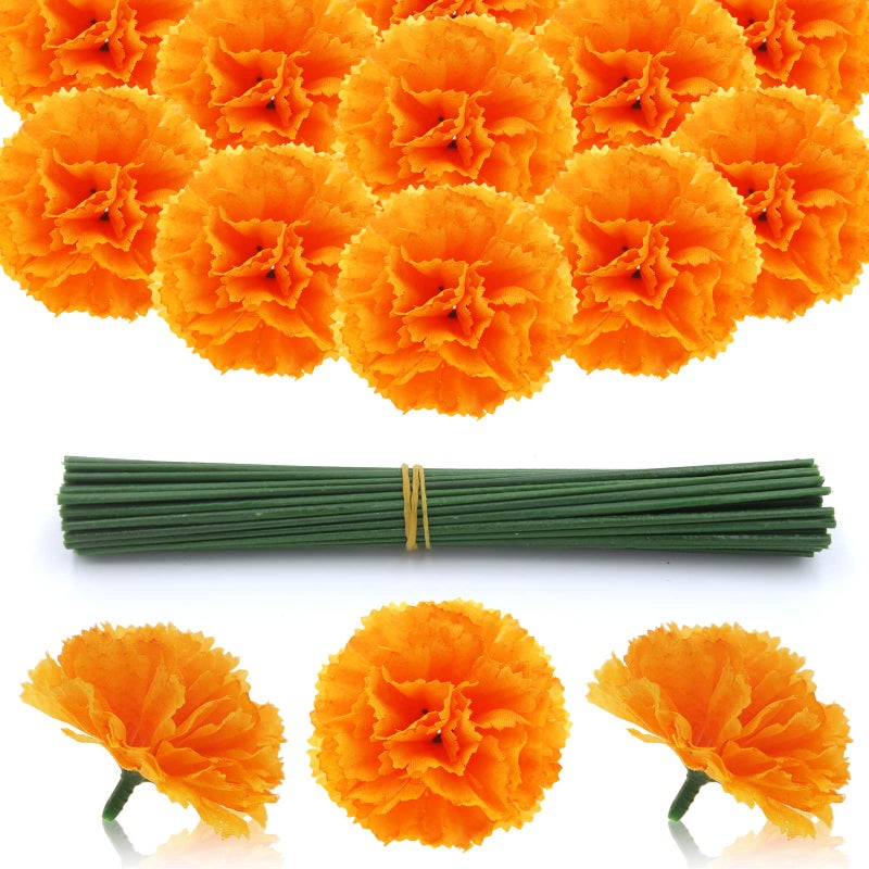 Hananona Hananona 101 Pcs Marigold Flower Heads Bulk  Silk Marigold with Stems Artificial Marigold Flowers for Diwali Home Decor DIY Marigolds Garland Craft Day of Dead Decorations - Image 1