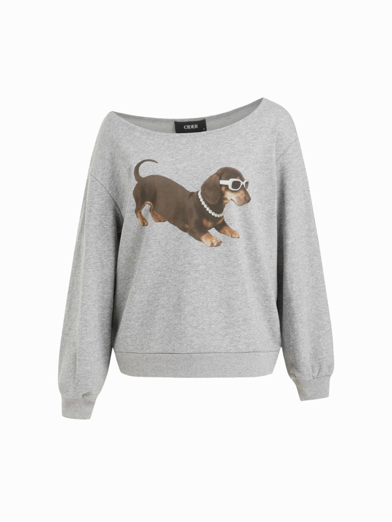 CIDER Going Out Sweatshirt for Women Dachshund Graphic Asymmetrical Neck Long Sleeve Terry Pullover Dog Top Grey - Image 3