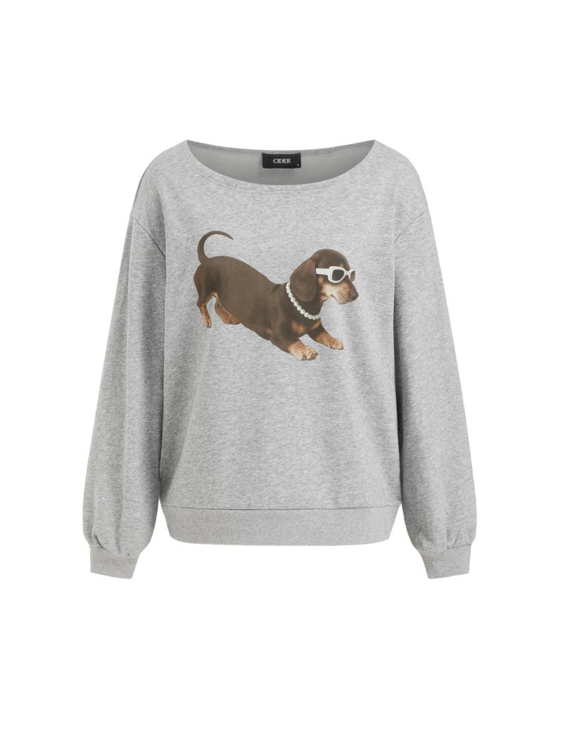 CIDER Going Out Sweatshirt for Women Dachshund Graphic Asymmetrical Neck Long Sleeve Terry Pullover Dog Top Grey - Image 1