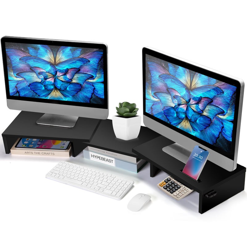 La Jaco Dual Monitor Stand Riser for 2 Monitors, Monitor Stand for Desk, Adjustable Length & Swivel Angle Wooden Desktop Organizer Stand Riser with Smartphone Holder for PC Monitor Laptop, Black - Image 1