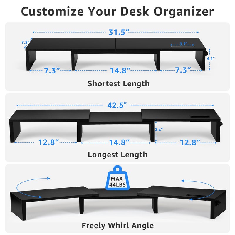 La Jaco Dual Monitor Stand Riser for 2 Monitors, Monitor Stand for Desk, Adjustable Length & Swivel Angle Wooden Desktop Organizer Stand Riser with Smartphone Holder for PC Monitor Laptop, Black - Image 3