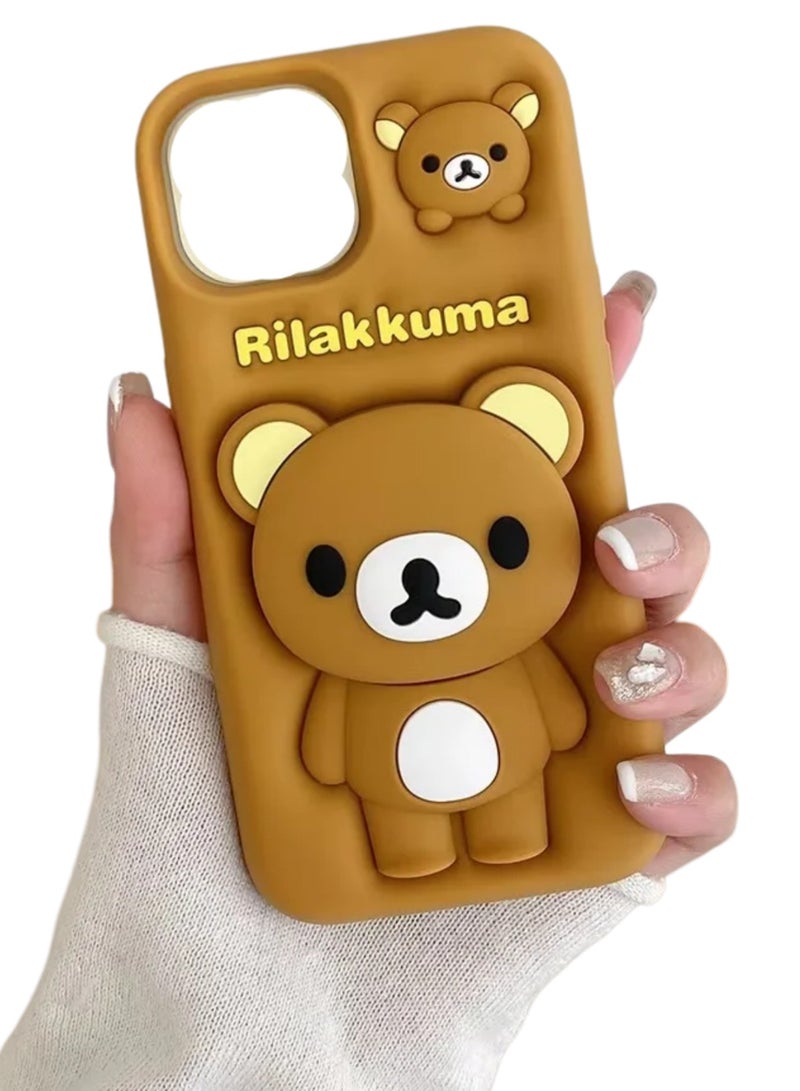 Back Cover for iPhone 15 Pro Max, Cartoon Brown bear case with pop holder Standing Soft Rubber Silicone Case (Brown) - Image 1