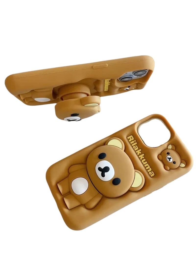 Back Cover for iPhone 15 Pro Max, Cartoon Brown bear case with pop holder Standing Soft Rubber Silicone Case (Brown) - Image 2