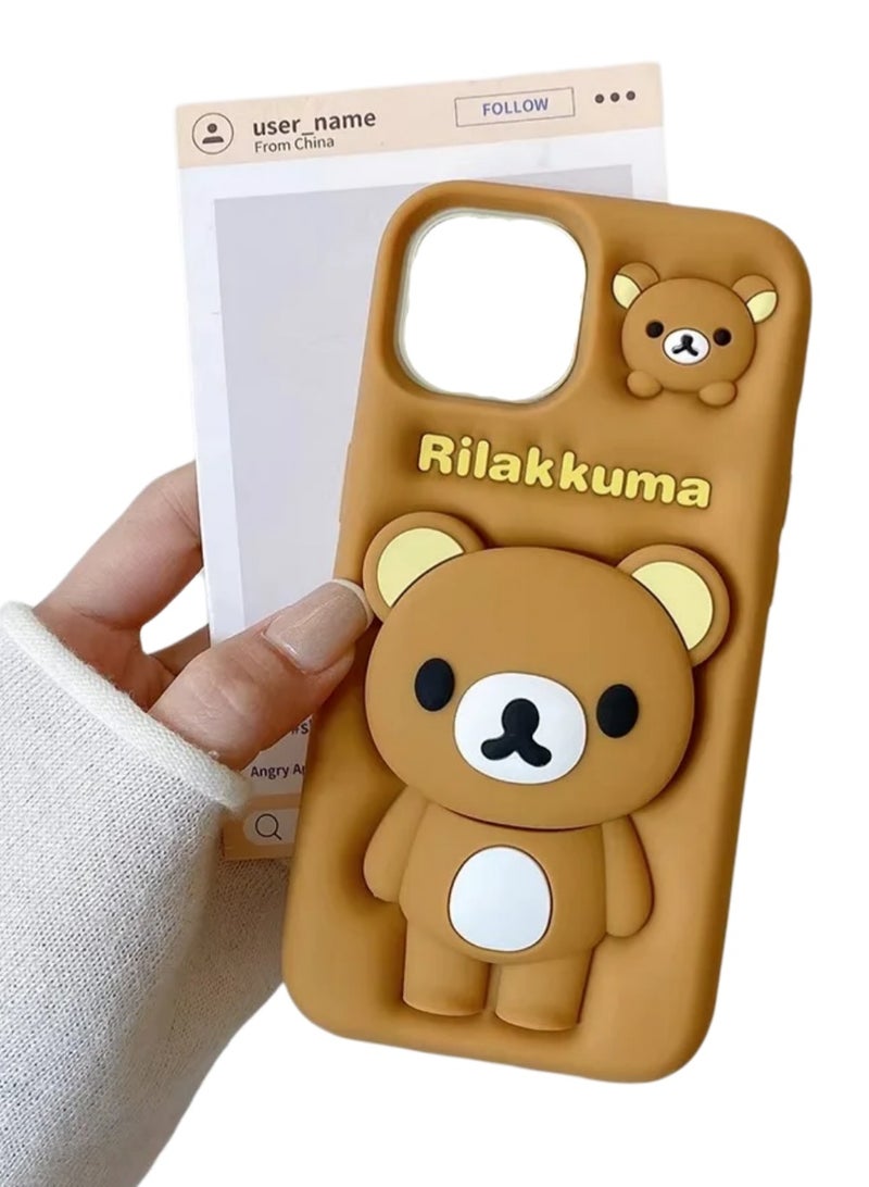 Back Cover for iPhone 15 Pro Max, Cartoon Brown bear case with pop holder Standing Soft Rubber Silicone Case (Brown) - Image 3