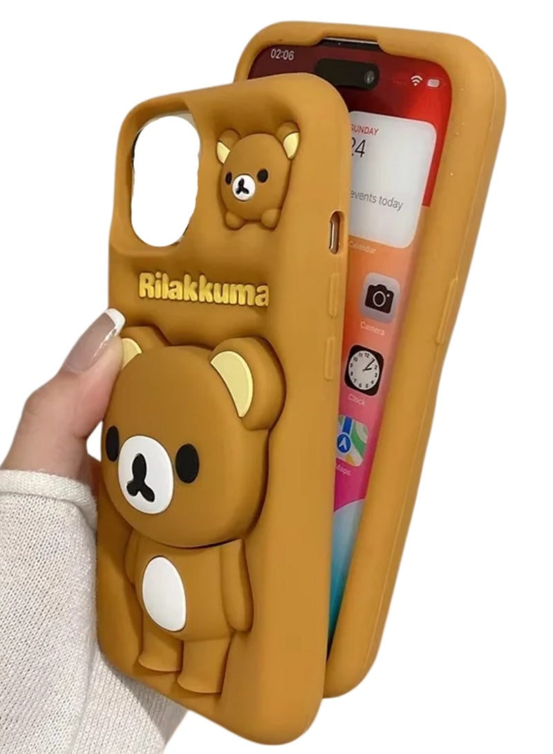 Back Cover for iPhone 15 Pro Max, Cartoon Brown bear case with pop holder Standing Soft Rubber Silicone Case (Brown) - Image 4